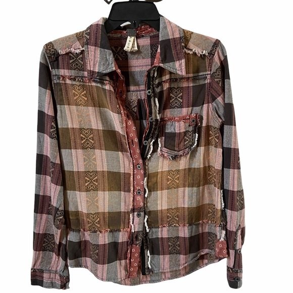 Free People We the Free Embroidered Plaid Shirt with Exposed Raw Seams S - Picture 3 of 14